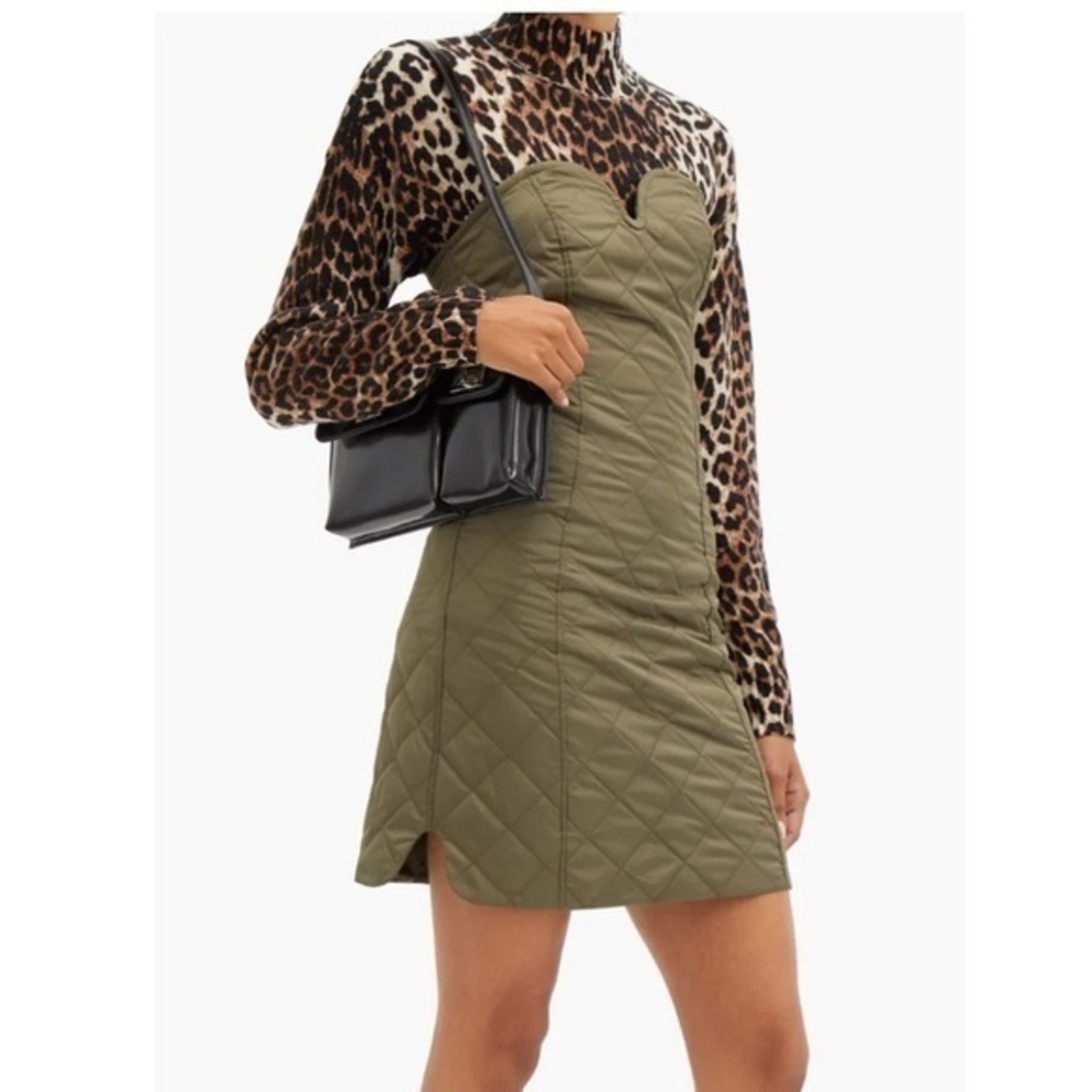 Ganni Dress Strapless Quilted Ripstop in Olive Green